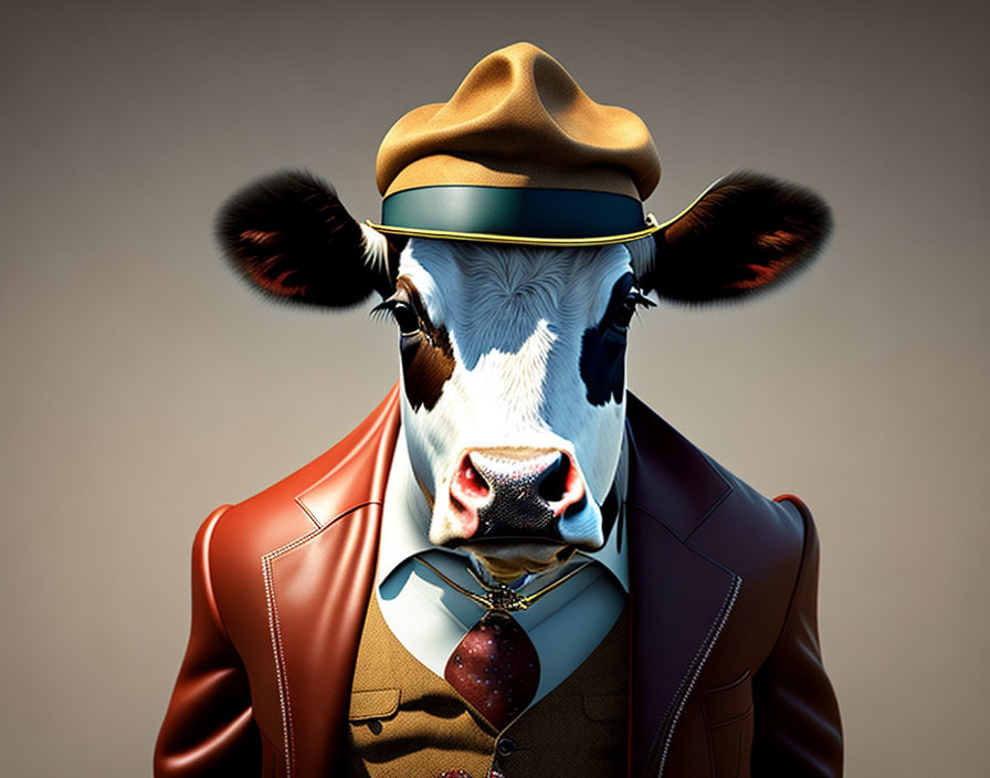 Cow in Suit with Tie, Hat, and Glasses: Humorous Anthropomorphic Image