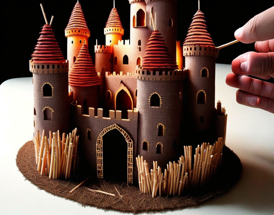 Intricate matchstick castle model with hand placing matchstick