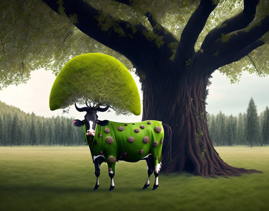 Cow with Green Tree Body Standing in Grassy Field