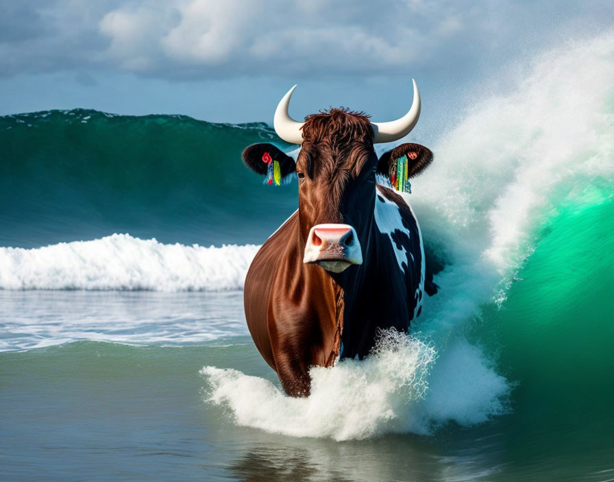 Cow Surfing Wave with Wetsuit Design and Earphones