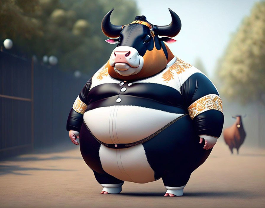 Stylish anthropomorphic bull in black and white outfit on dusty road