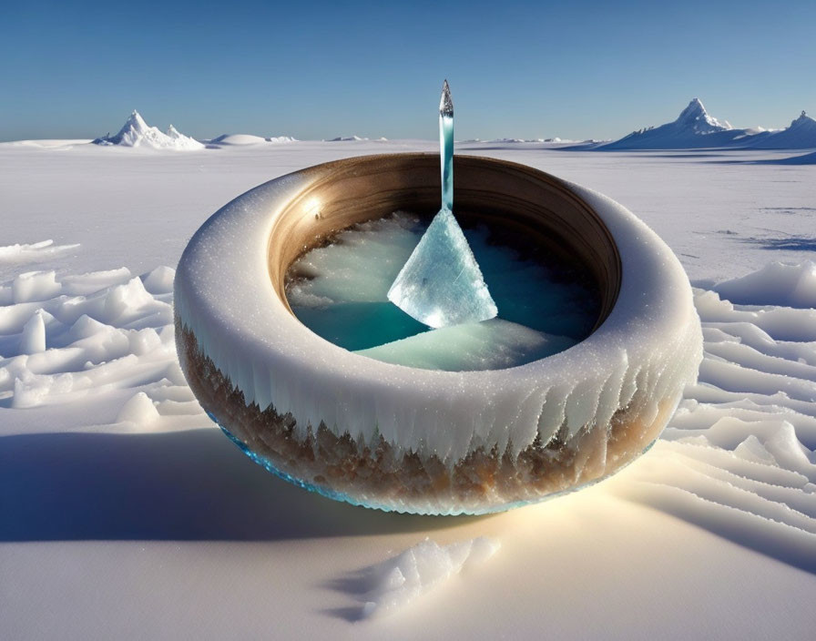 Surreal doughnut-shaped ice formation in snowy landscape