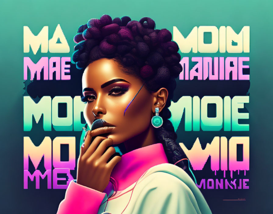 Stylized woman with afro hairstyle in pink jacket, adorned with earrings, against colorful Cyrillic
