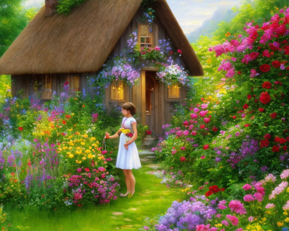 Young girl in white dress by colorful garden outside thatched-roof cottage