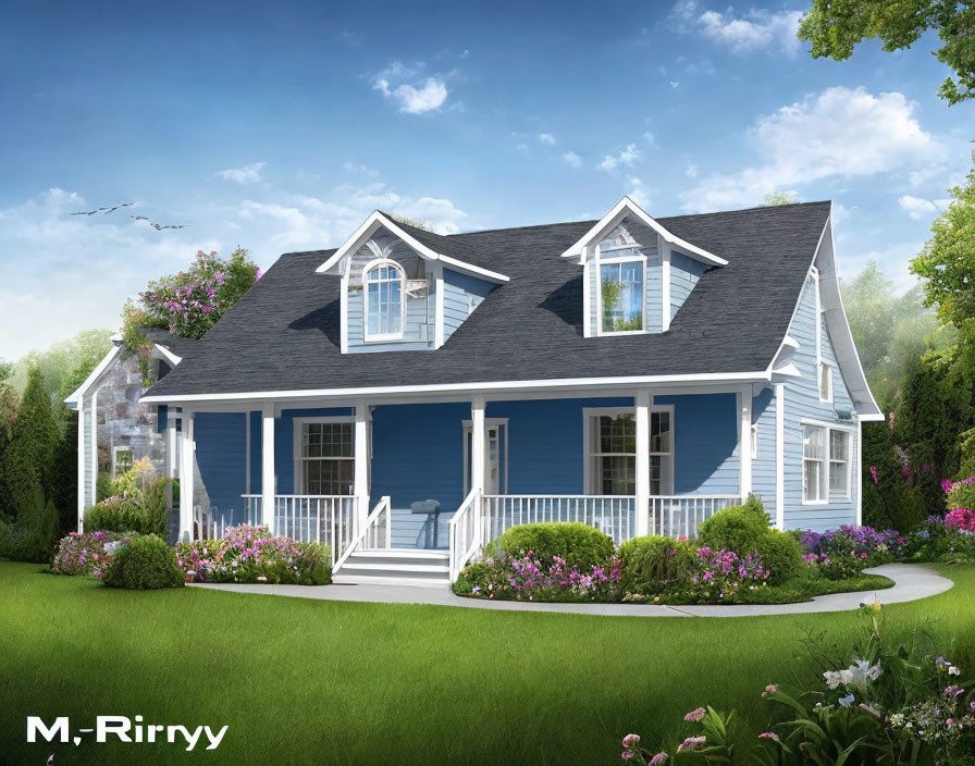 Blue Single-Story House with White Trim, Dormer Windows & Front Porch