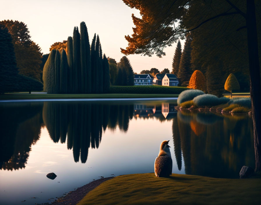 Tranquil garden with reflective pond and bird in golden sunlight