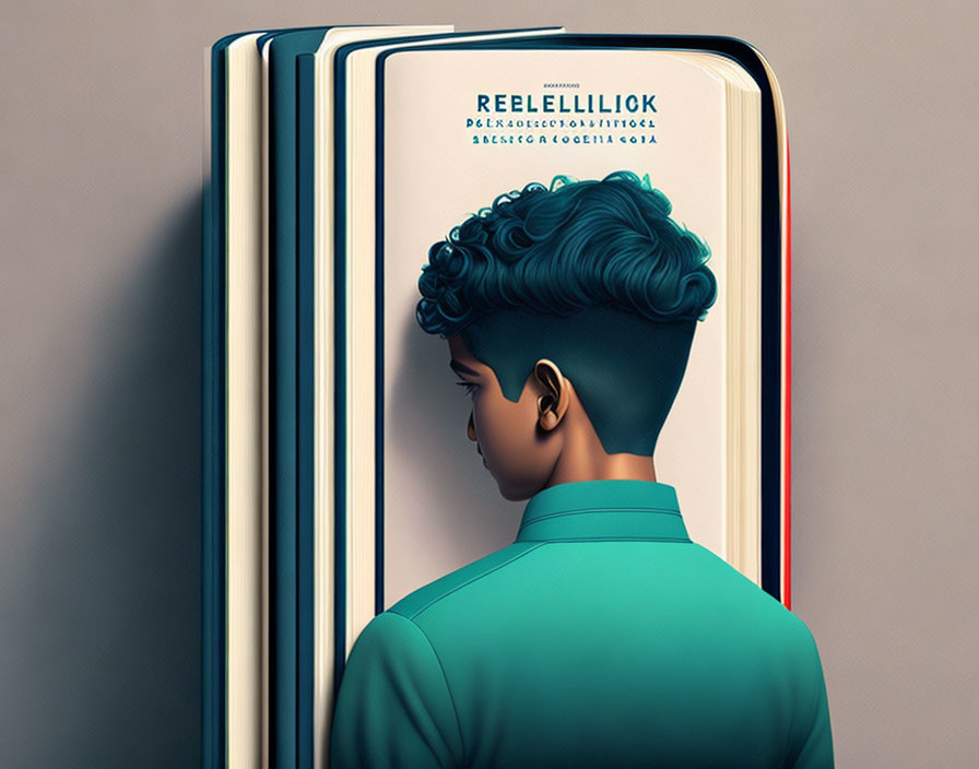 Conceptual image: Person with blue hair merging into book spine