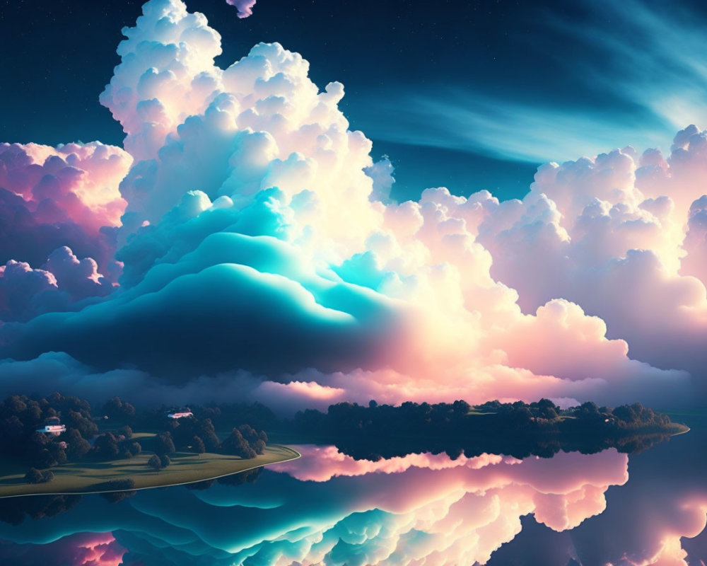Multicolored clouds over tranquil water with winding road