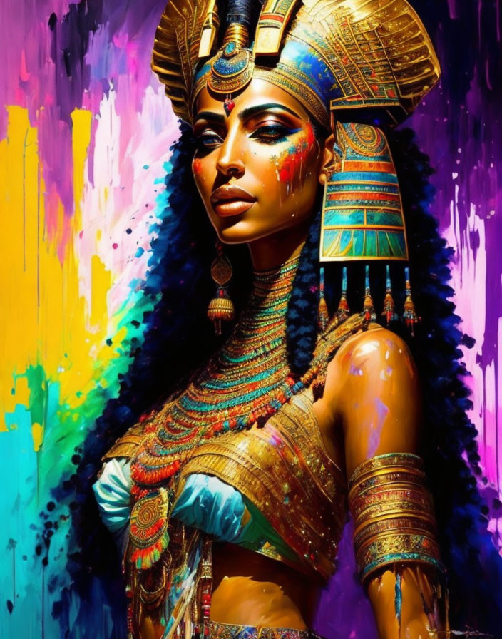 Colorful Artistic Rendition of Egyptian Queen with Gold and Blue Headgear