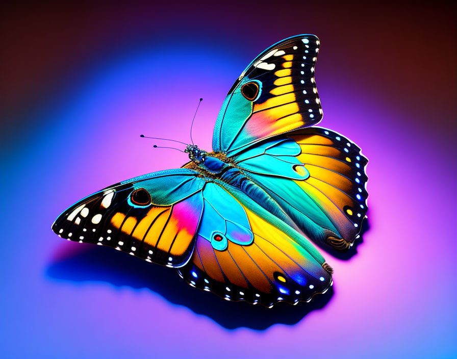Colorful Butterfly with Orange and Black Wings on Blue and Purple Background