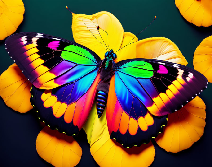 Colorful Butterfly on Yellow Flower with Dark Green Background