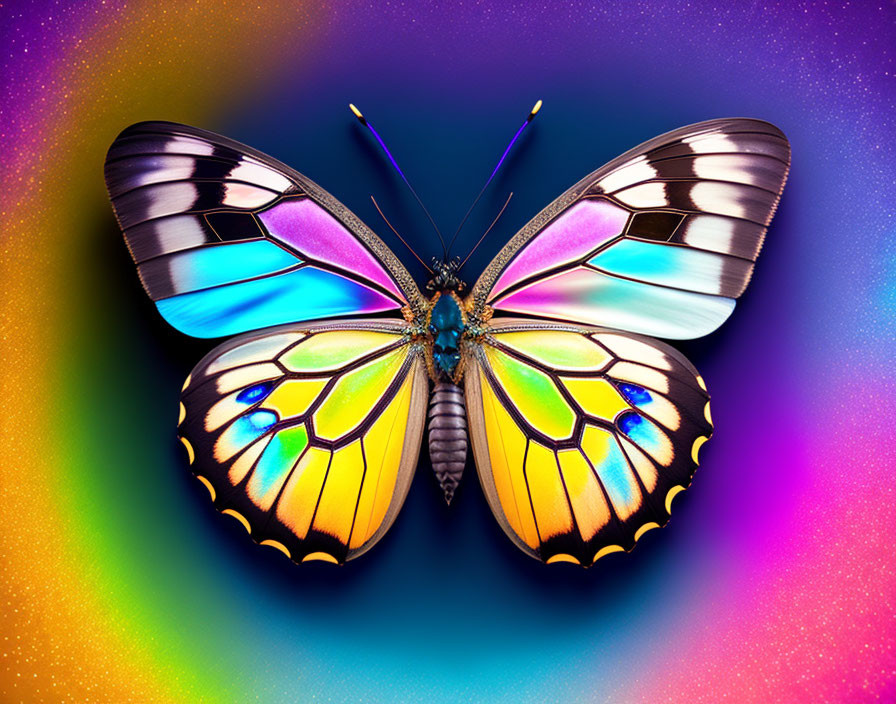 Colorful iridescent butterfly on vibrant gradient background