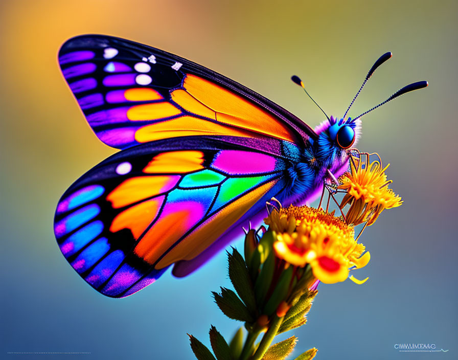 Colorful Butterfly on Yellow Flowers with Blue and Orange Wings