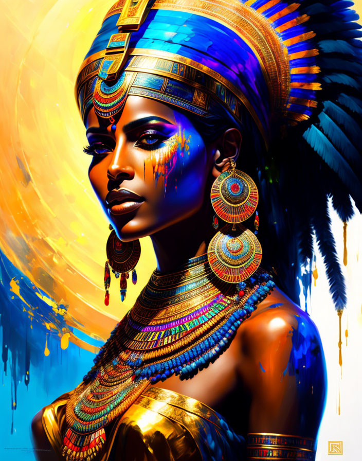 Colorful digital artwork of woman with Egyptian headdress and jewelry