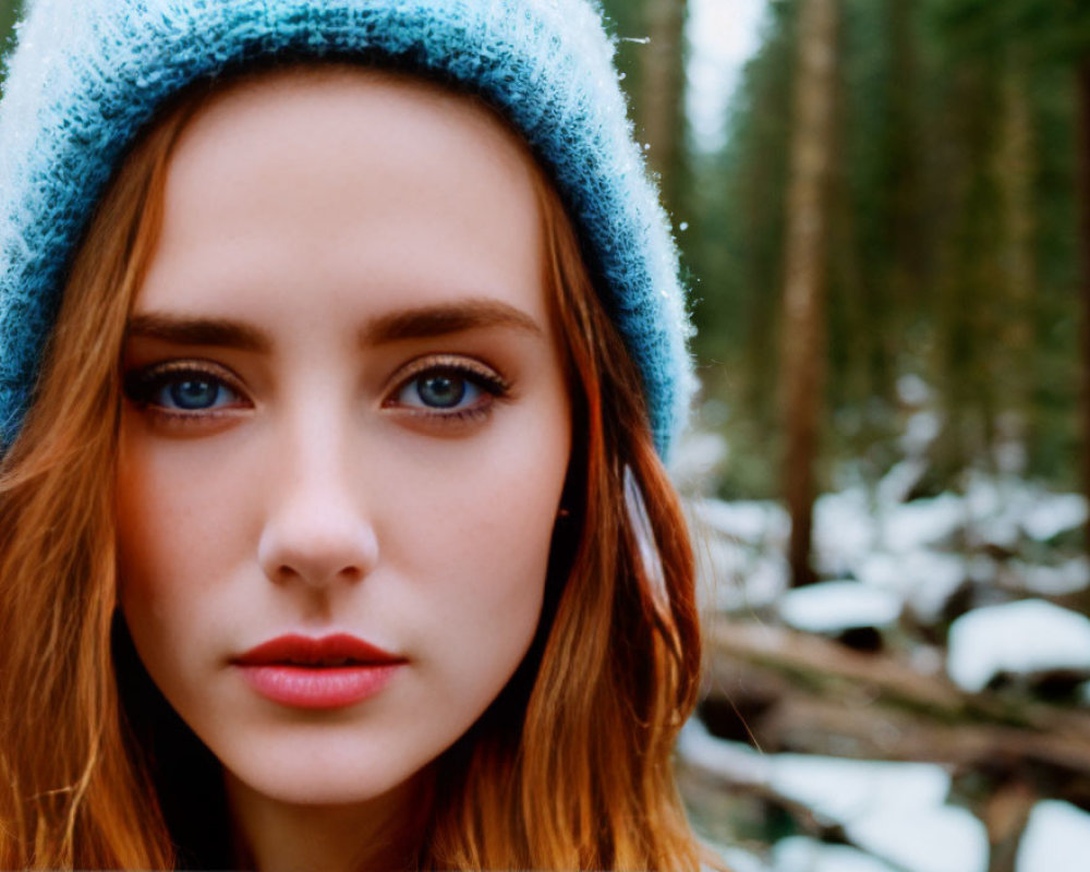 Blue-eyed woman in snowy forest with blue beanie gazes at camera