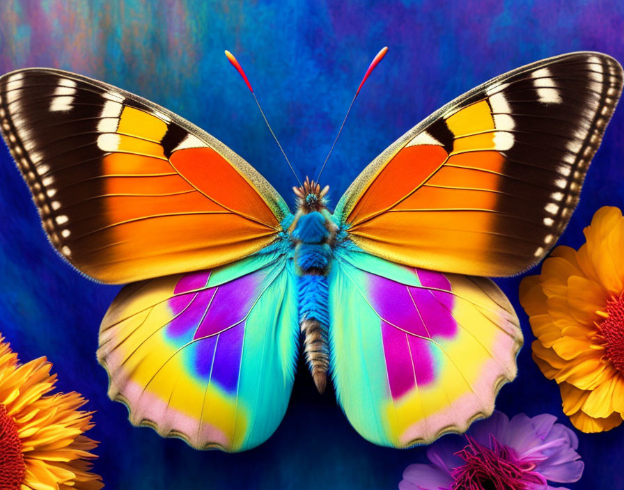 Colorful Butterfly Resting on Blue Background with Flowers