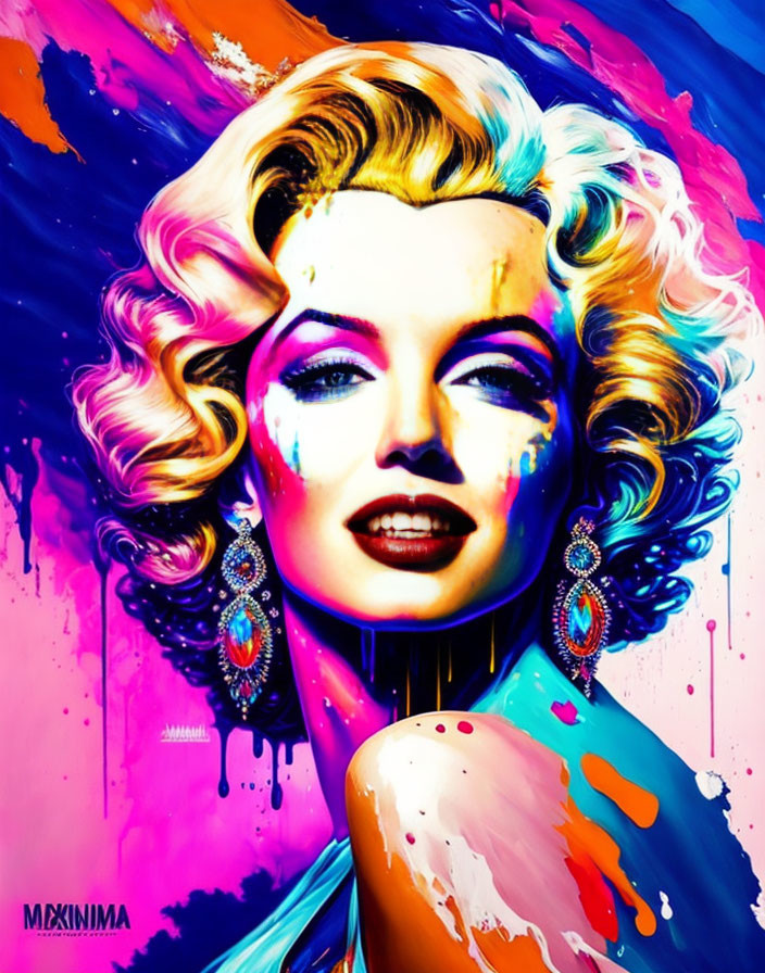 Colorful artwork: Woman with curly hair and expressive eyes, adorned with vibrant paint splashes and intricate