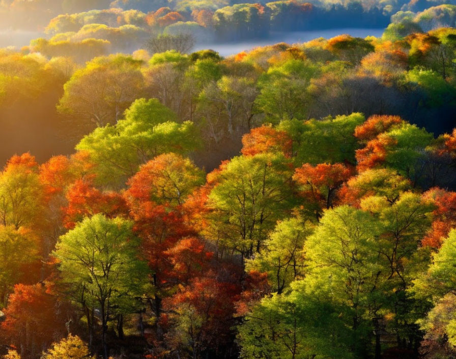 Autumn forest scene with green and orange leaves in soft sunlight