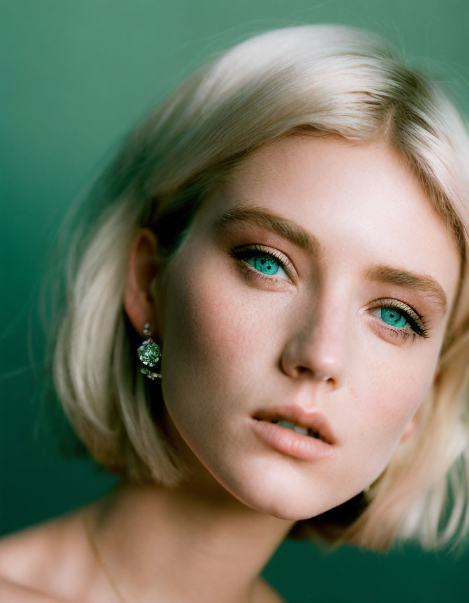 Portrait of woman with blue eyes, short blonde hair, and green jewel earring on green backdrop