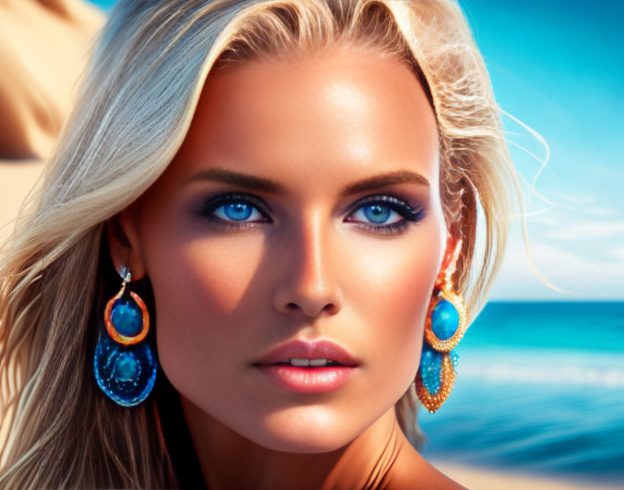 Blonde Woman with Blue Eyes Wearing Blue Earrings on Beach
