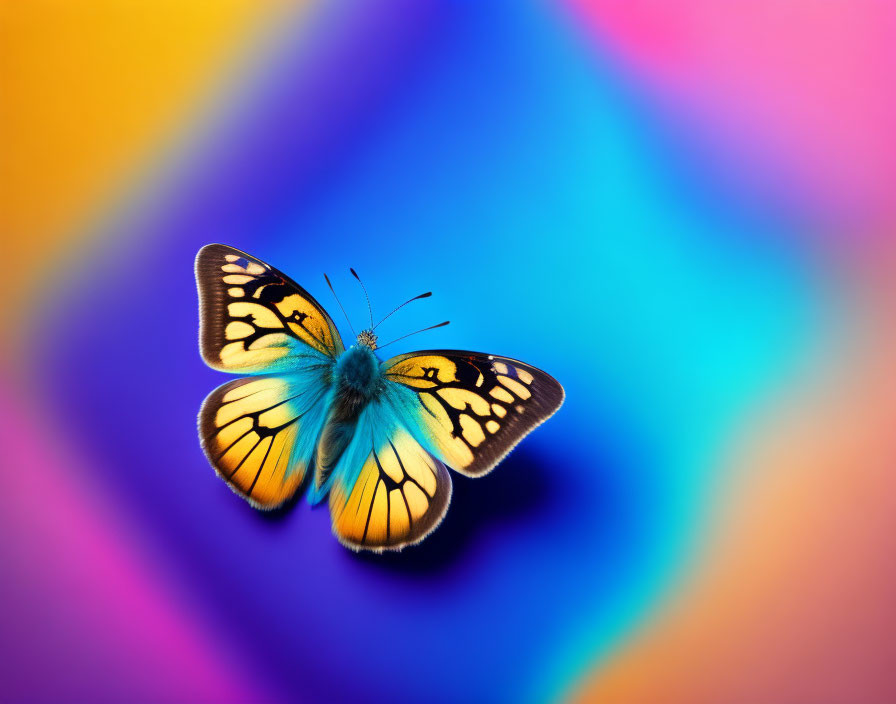 Colorful Butterfly Resting on Vibrant Background with Pink, Orange, Blue, and Purple Gradients