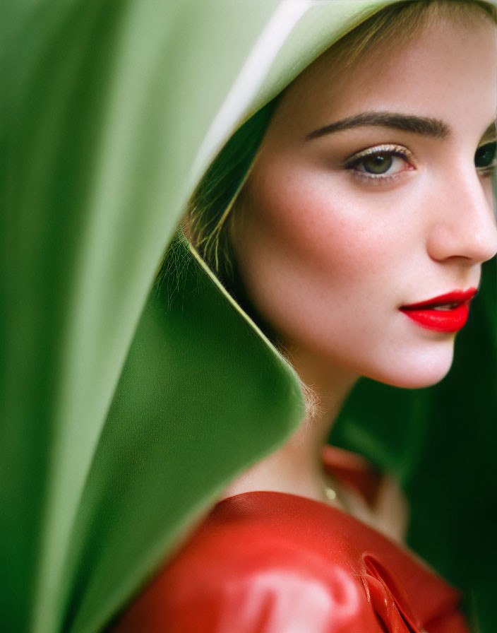 Portrait of a woman with red lipstick and green veil gazing away.