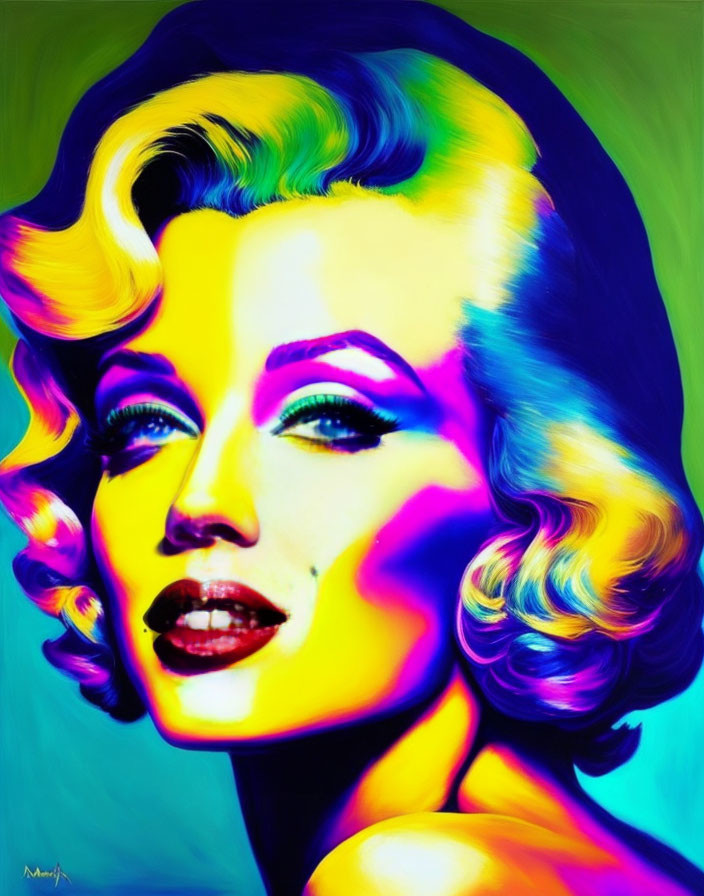Colorful Portrait of Woman with Wavy Hair and Bold Lipstick