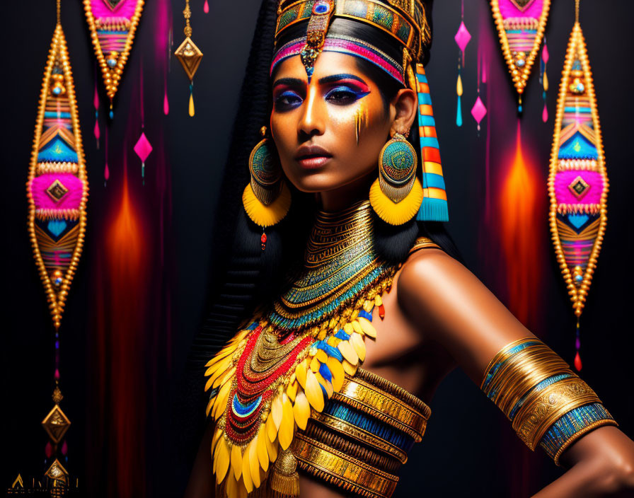 Woman with Ancient Egyptian-Inspired Makeup and Jewelry