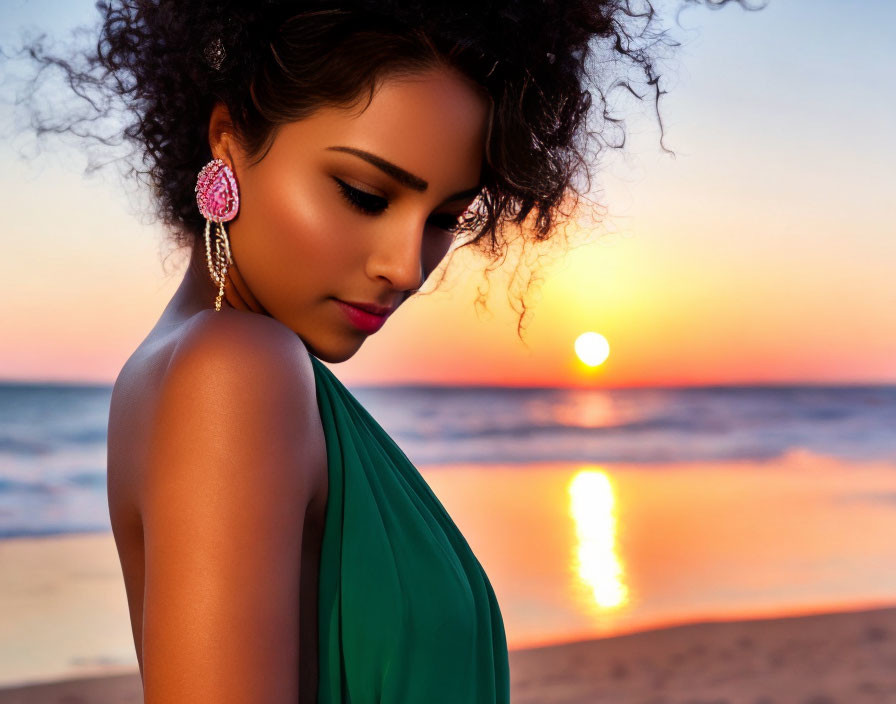 Curly-Haired Woman with Large Earrings at Sunset Beach