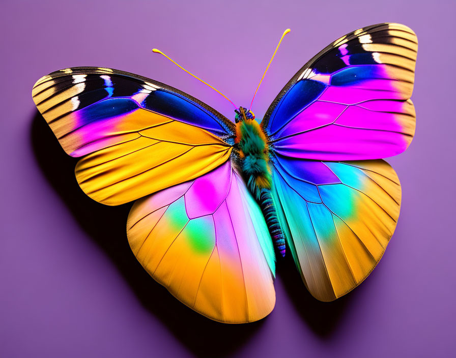 Colorful Butterfly Close-Up with Iridescent Wings on Purple Background