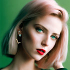 Portrait of woman with blue eyes, short blonde hair, and green jewel earring on green backdrop