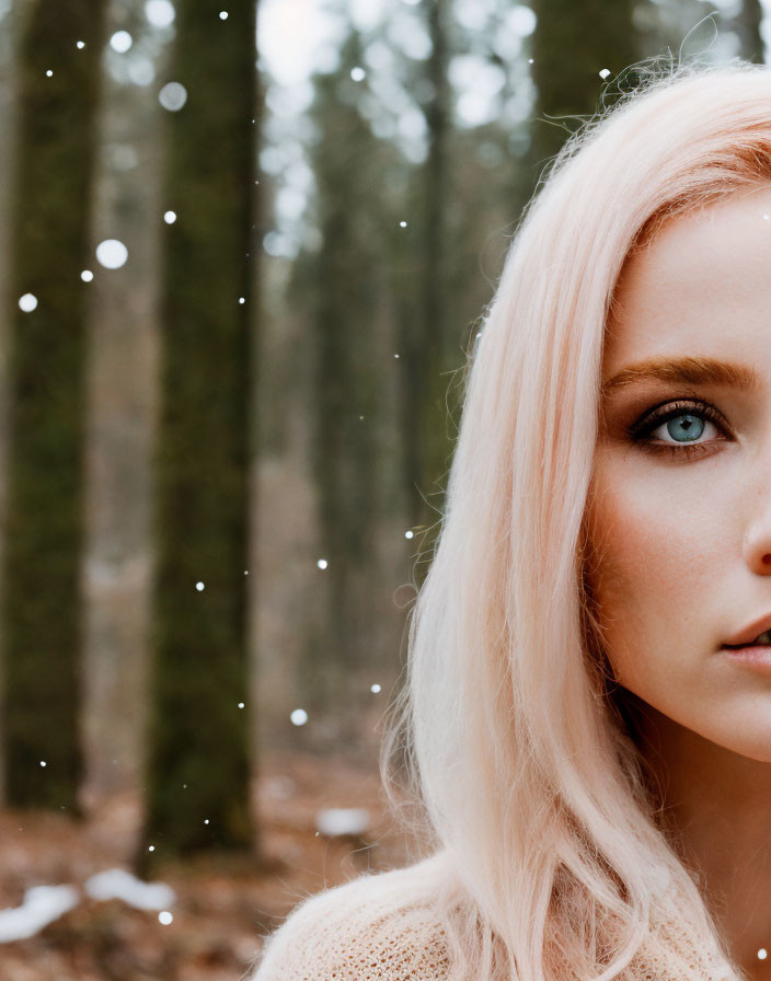 Blonde Woman with Blue Eyes in Snowy Forest