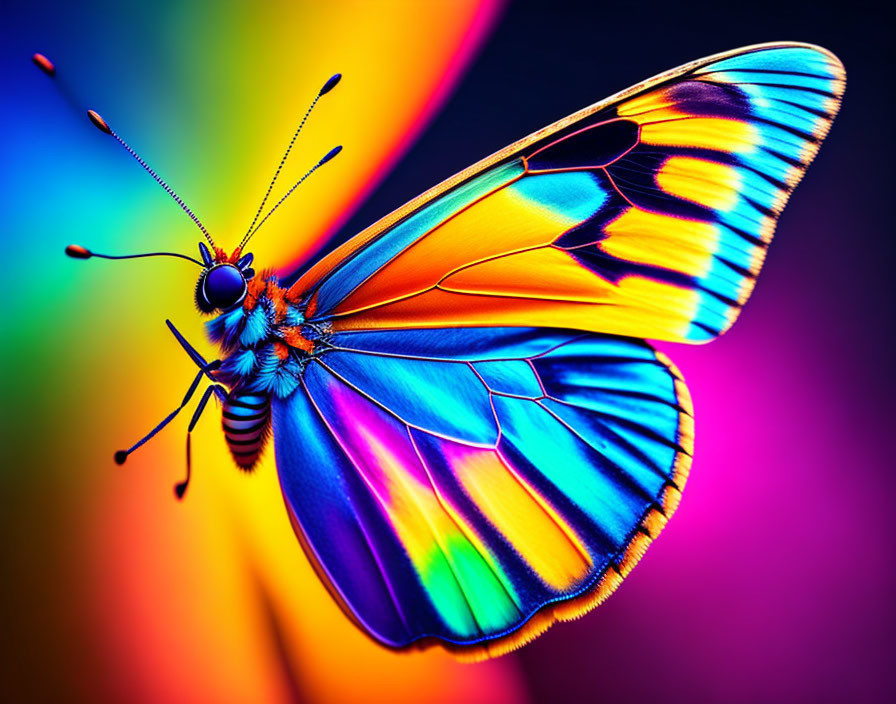 Colorful Butterfly with Iridescent Wings on Multicolored Background