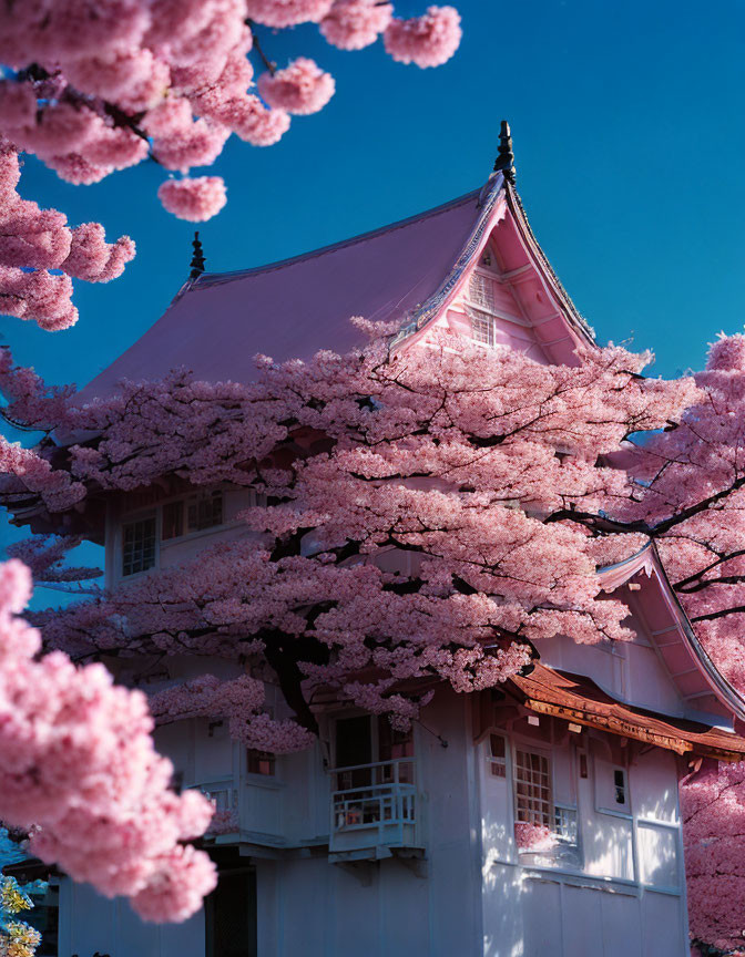 Traditional Japanese building with sloped roof and cherry blossoms against blue sky