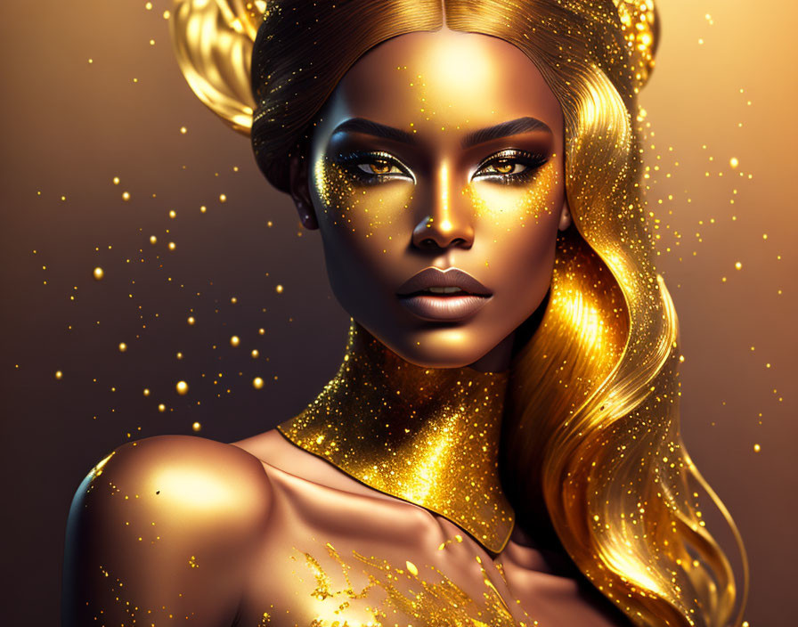Golden-skinned woman with sparkling makeup and wavy hair on shimmering background