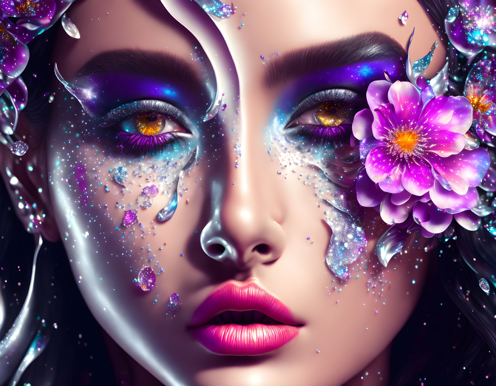 Detailed digital artwork: Woman's face with vibrant purple flowers, sparkling makeup, tear.