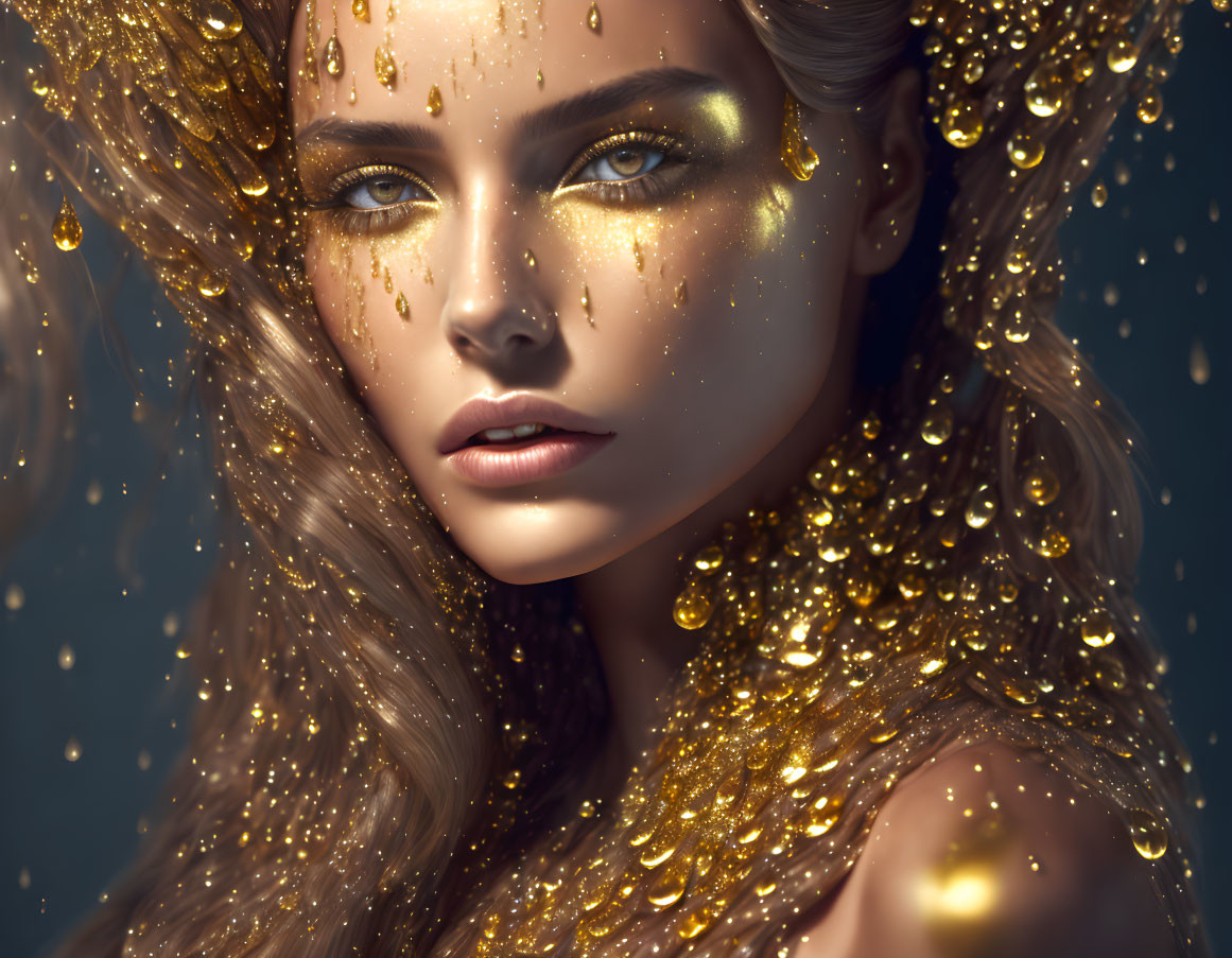 Portrait of woman with golden glittering makeup on dark background
