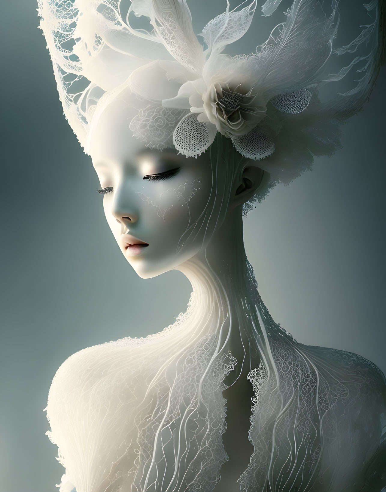 Ethereal woman with delicate lace features and intricate adornments
