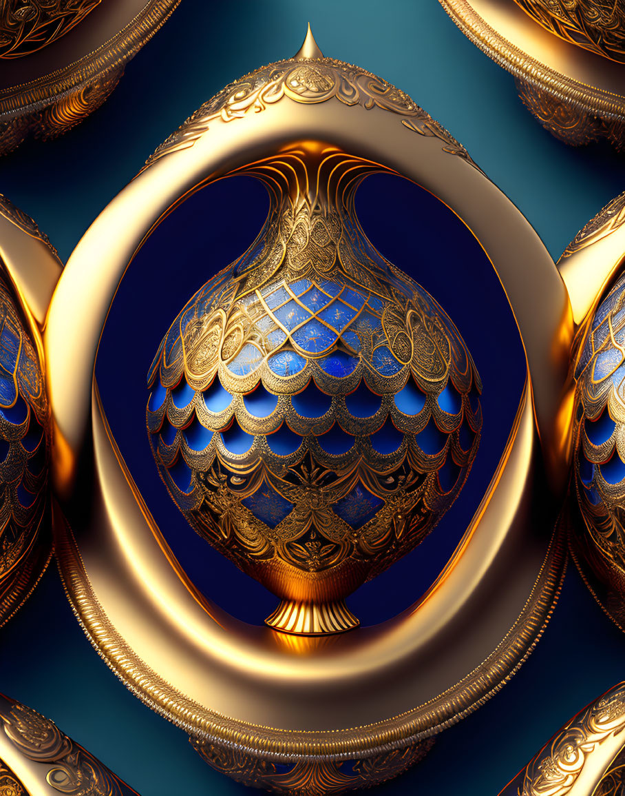 Golden ornamental teardrop design on deep blue background