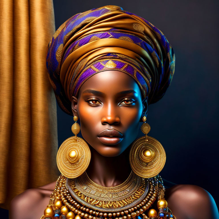 Woman with Striking Makeup and Vibrant Head Wrap in Gold Jewelry Pose