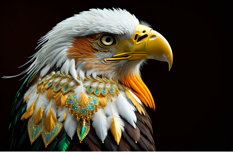Majestic eagle with white, gold, and brown plumage on dark background