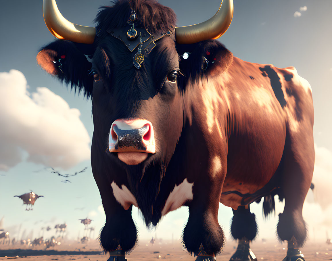 Stylized bull with large horns and futuristic flying vehicles in hazy sky