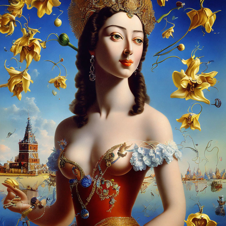 Surreal portrait of a woman in classical attire against a blue sky with floating flowers