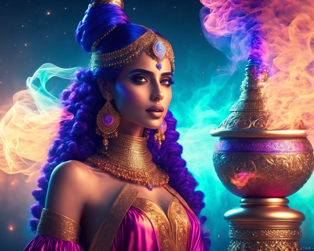 Stylized artwork of woman with golden jewelry, purple hair, and incense burners