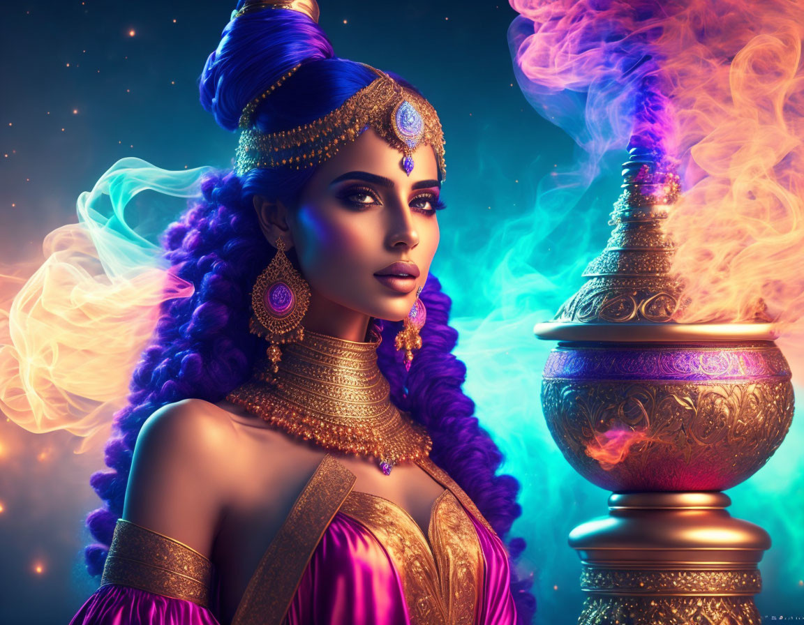 Stylized artwork of woman with golden jewelry, purple hair, and incense burners