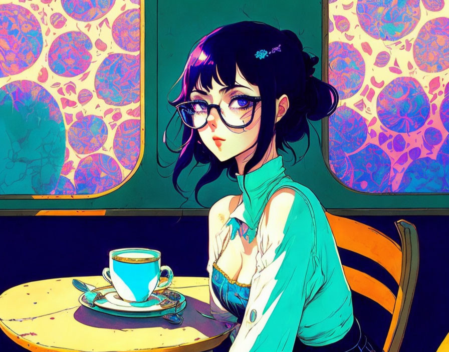 Illustration of young woman with black hair and glasses at colorful coffee table
