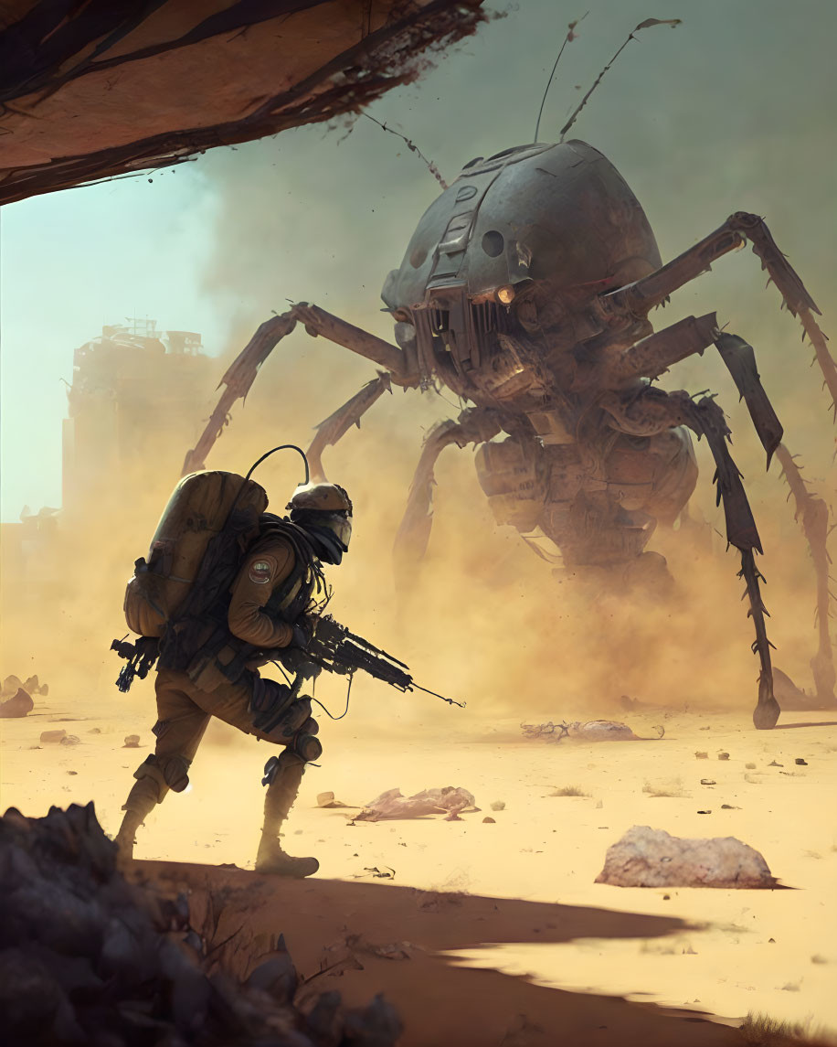 Soldier in gas mask faces giant robotic spider in post-apocalyptic setting