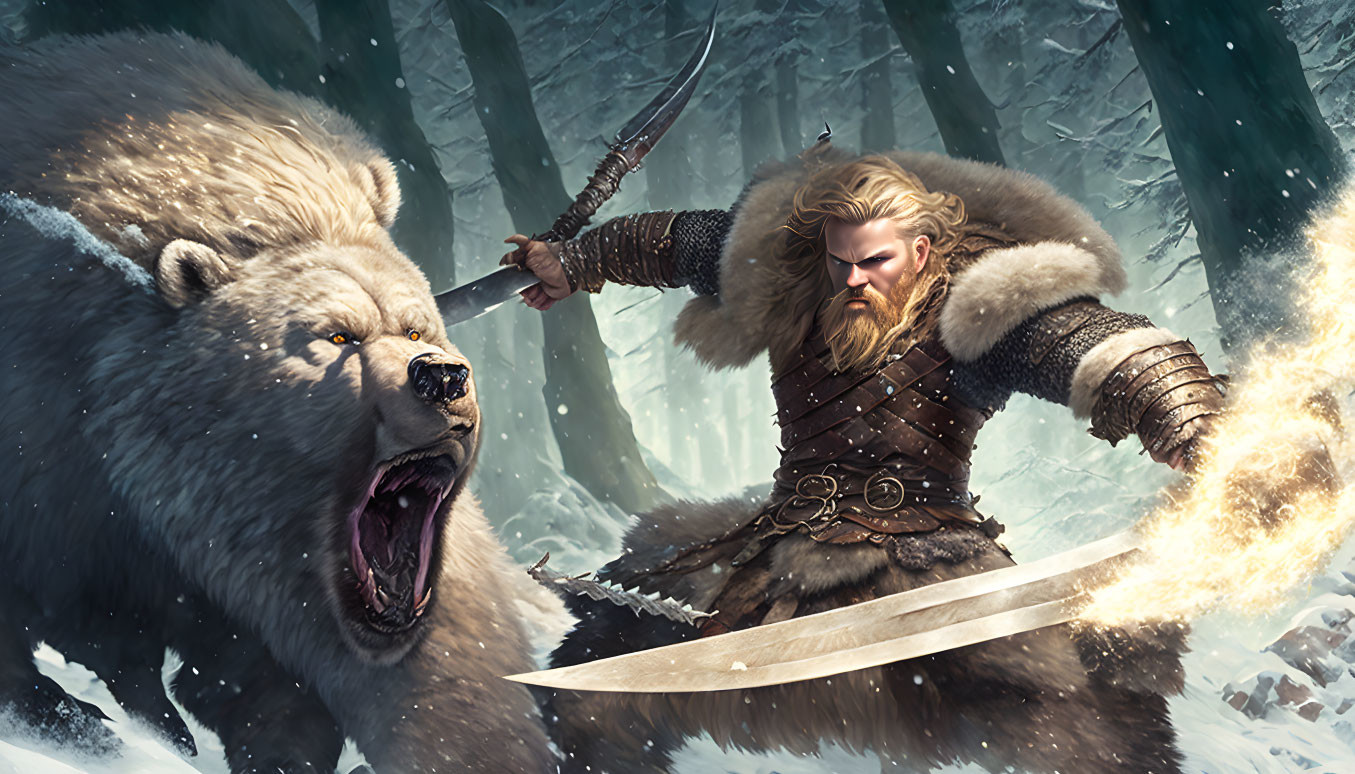 Bearded warrior with sword and roaring bear in snowy forest