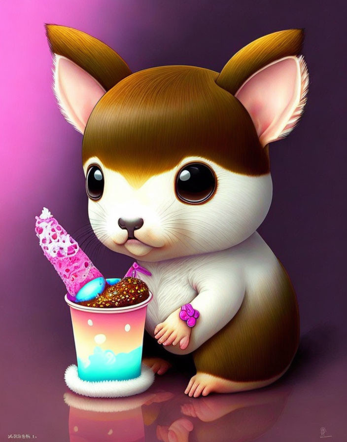 Stylized cartoon illustration of cute chihuahua with ice cream