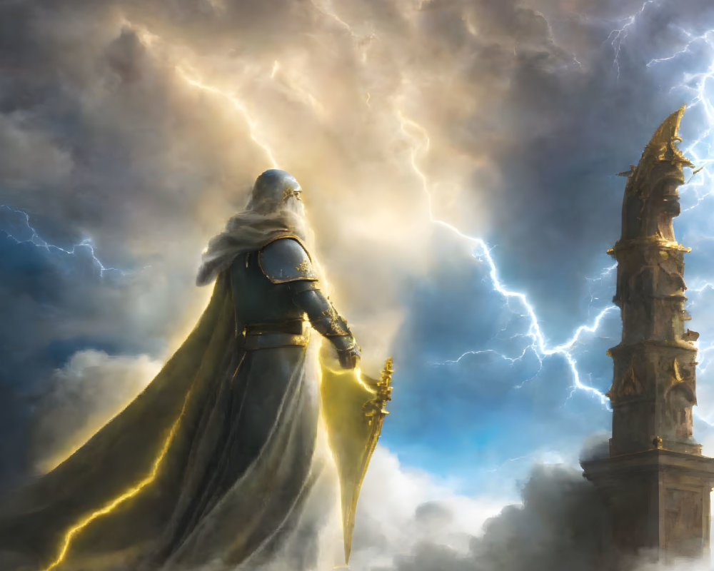 Mysterious cloaked figure with glowing staff in stormy sky